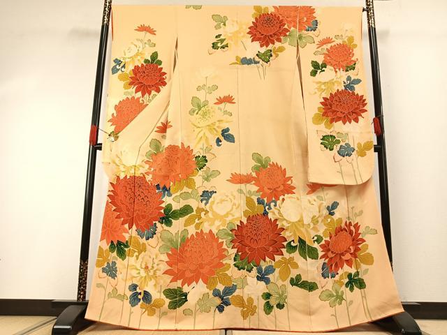 平和屋着物●豪華振袖　友禅　草花文　鬼しぼ縮緬　正絹　逸品　AABH0610fy