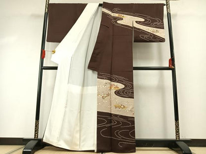 平和屋着物●訪問着　友禅　絞り　流水花文　金彩　正絹　逸品　AABH0613fy