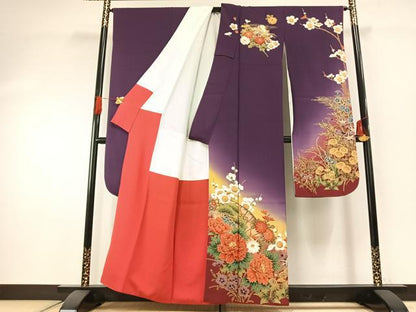 平和屋着物●豪華振袖　駒刺繍　草花文　暈し染め　金彩　正絹　逸品　AABH0578fy