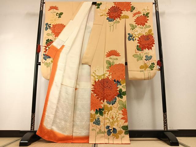 平和屋着物●豪華振袖　友禅　草花文　鬼しぼ縮緬　正絹　逸品　AABH0610fy