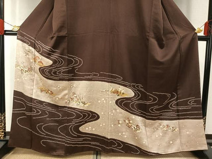 平和屋着物●訪問着　友禅　絞り　流水花文　金彩　正絹　逸品　AABH0613fy