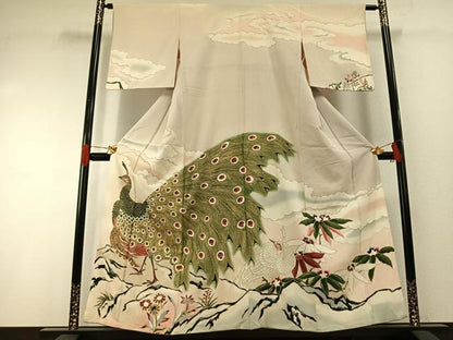 平和屋着物●セミアンティーク　訪問着　孔雀文　暈し染め　金彩　正絹　逸品　AABH0577fy