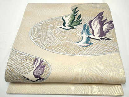 平和屋着物●六通柄袋帯　刺繍　流水飛鶴文　金糸　正絹　逸品　CABE4637hy