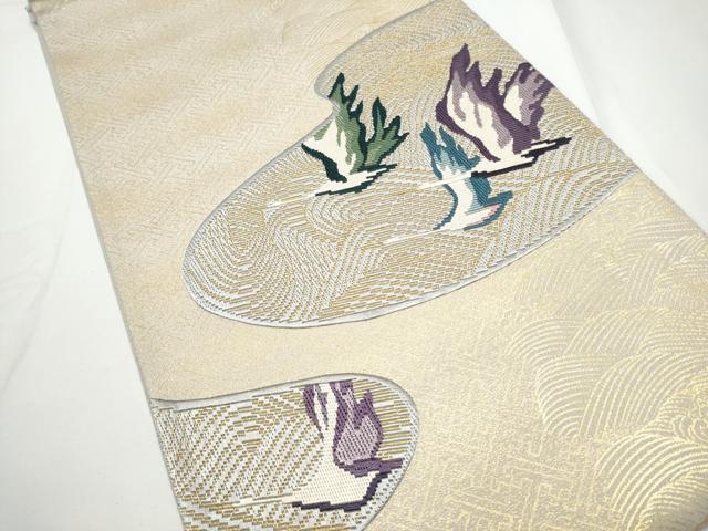 平和屋着物●六通柄袋帯　刺繍　流水飛鶴文　金糸　正絹　逸品　CABE4637hy