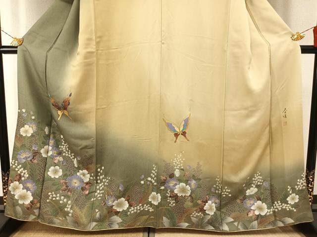平和屋着物●螺鈿作家　甲斐泰造　訪問着　花蝶文　暈し染め　金彩　銀通し地　正絹　逸品　AABH0634fy