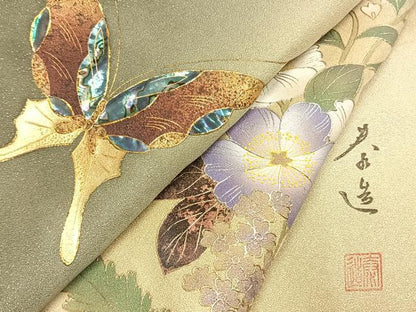 平和屋着物●螺鈿作家　甲斐泰造　訪問着　花蝶文　暈し染め　金彩　銀通し地　正絹　逸品　AABH0634fy