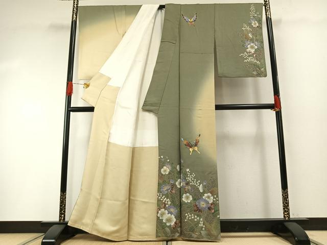 平和屋着物●螺鈿作家　甲斐泰造　訪問着　花蝶文　暈し染め　金彩　銀通し地　正絹　逸品　AABH0634fy