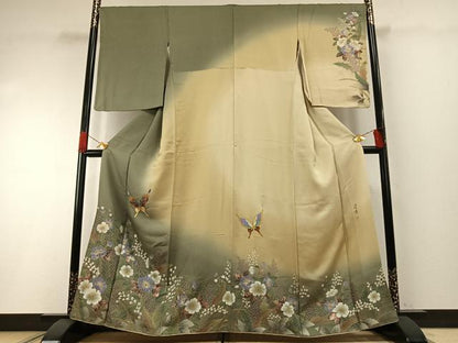 平和屋着物●螺鈿作家　甲斐泰造　訪問着　花蝶文　暈し染め　金彩　銀通し地　正絹　逸品　AABH0634fy