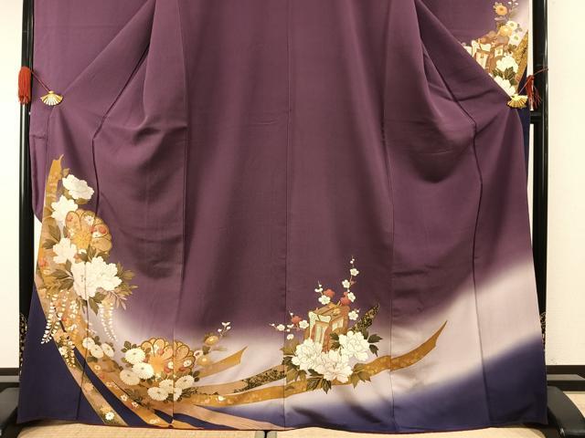 平和屋着物●豪華振袖　駒刺繍　熨斗御所車花文　暈し染め　金彩　正絹　逸品　AABH0666fy