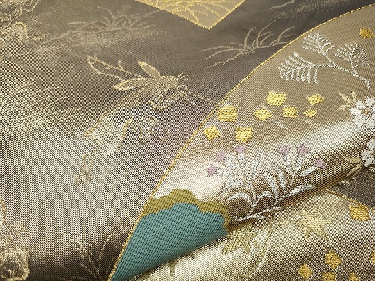 平和屋着物●西陣河村織物謹製・手織り　六通柄袋帯　鳥羽絵扇面　金銀糸　正絹　逸品　CABE4786hy