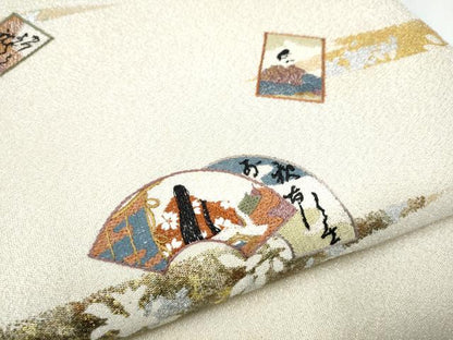 平和屋着物●太鼓柄袋帯　刺繍　綴れ　霞地紙人物文　金銀彩　正絹　逸品　CABE4795hy