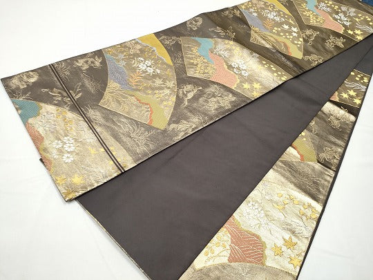 平和屋着物●西陣河村織物謹製・手織り　六通柄袋帯　鳥羽絵扇面　金銀糸　正絹　逸品　CABE4786hy