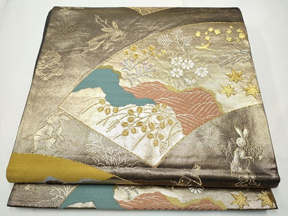 平和屋着物●西陣河村織物謹製・手織り　六通柄袋帯　鳥羽絵扇面　金銀糸　正絹　逸品　CABE4786hy