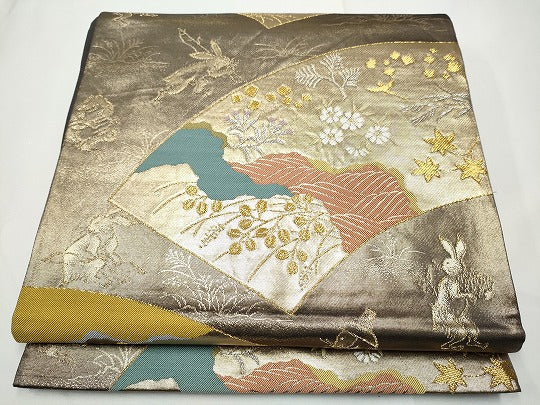 平和屋着物●西陣河村織物謹製・手織り　六通柄袋帯　鳥羽絵扇面　金銀糸　正絹　逸品　CABE4786hy