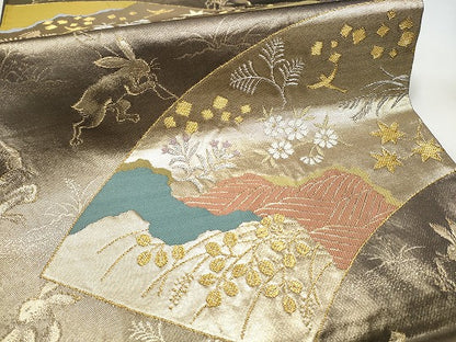 平和屋着物●西陣河村織物謹製・手織り　六通柄袋帯　鳥羽絵扇面　金銀糸　正絹　逸品　CABE4786hy