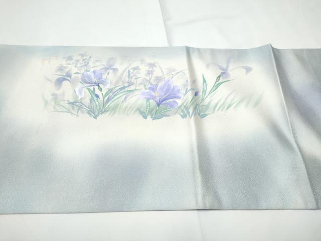 平和屋着物●両面　太鼓柄袋帯　枝花文　銀通し地　正絹　逸品　CABE8443hy