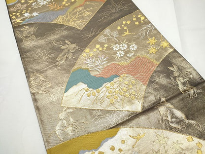 平和屋着物●西陣河村織物謹製・手織り　六通柄袋帯　鳥羽絵扇面　金銀糸　正絹　逸品　CABE4786hy