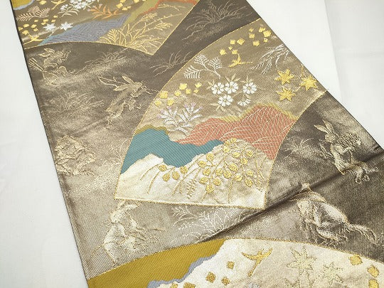 平和屋着物●西陣河村織物謹製・手織り　六通柄袋帯　鳥羽絵扇面　金銀糸　正絹　逸品　CABE4786hy