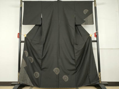 平和屋着物●本場大島紬　染大島　訪問着　源氏車　黒地　正絹　逸品　未使用　AABG9957cs