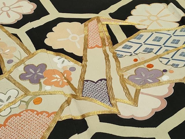 平和屋本店●極上　アンティーク　大正ロマン　振袖　駒刺繍　松竹梅折鶴花文　黒地　金銀糸　逸品　CZAA5518s6