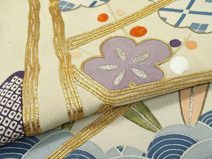 平和屋本店●極上　アンティーク　大正ロマン　振袖　駒刺繍　松竹梅折鶴花文　黒地　金銀糸　逸品　CZAA5518s6