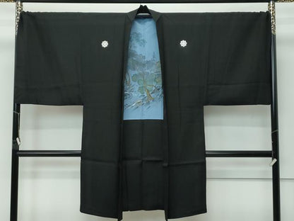 平和屋本店●極上　男性　黒紋付・長羽織セット　キングサイズ　羽裏：風景文　逸品　CZAA5515s6