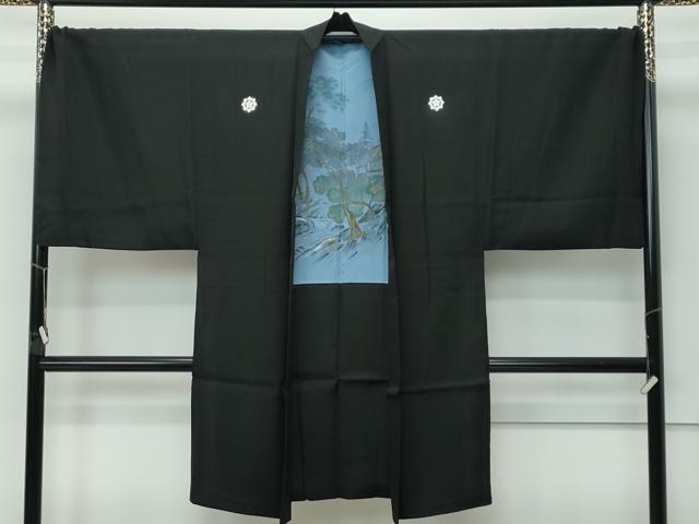 平和屋本店●極上　男性　黒紋付・長羽織セット　キングサイズ　羽裏：風景文　逸品　CZAA5515s6