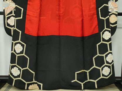 平和屋本店●極上　アンティーク　大正ロマン　振袖　駒刺繍　松竹梅折鶴花文　黒地　金銀糸　逸品　CZAA5518s6