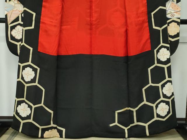 平和屋本店●極上　アンティーク　大正ロマン　振袖　駒刺繍　松竹梅折鶴花文　黒地　金銀糸　逸品　CZAA5518s6