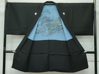 平和屋本店●極上　男性　黒紋付・長羽織セット　キングサイズ　羽裏：風景文　逸品　CZAA5515s6