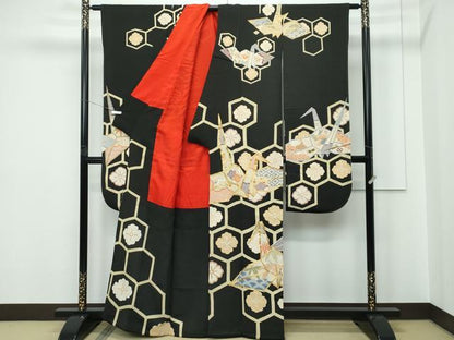 平和屋本店●極上　アンティーク　大正ロマン　振袖　駒刺繍　松竹梅折鶴花文　黒地　金銀糸　逸品　CZAA5518s6