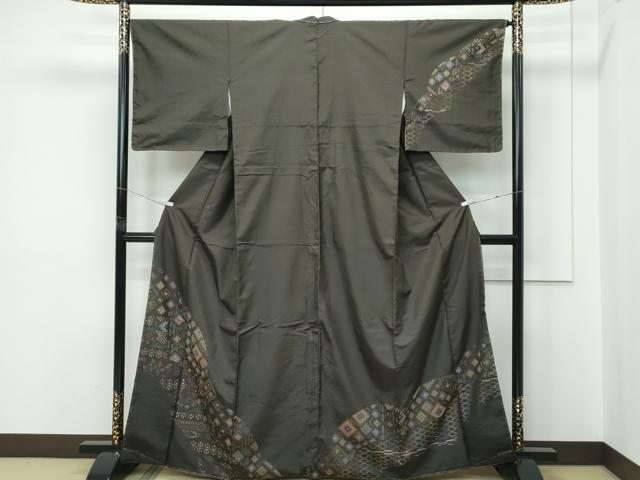 平和屋本店●極上　訪問着　本場染大島紬　刺繍　手花織　檳榔子染色地　逸品　未使用　CZAA5546s6