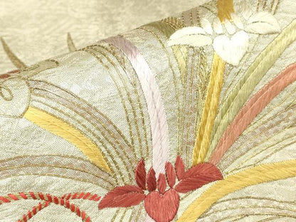 平和屋着物▼太鼓柄袋帯 駒刺繍 総刺繍 花束文 金糸 正絹 逸品 DABC3738az