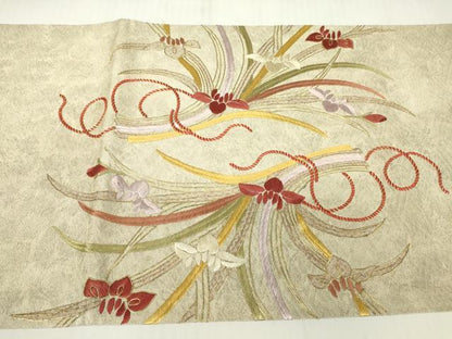 平和屋着物▼太鼓柄袋帯 駒刺繍 総刺繍 花束文 金糸 正絹 逸品 DABC3738az