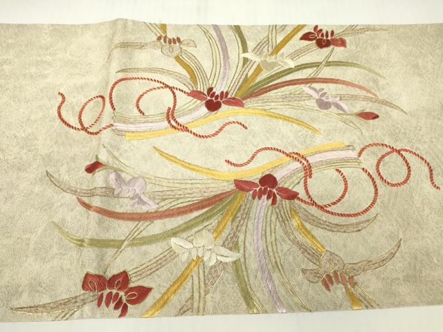 平和屋着物▼太鼓柄袋帯 駒刺繍 総刺繍 花束文 金糸 正絹 逸品 DABC3738az