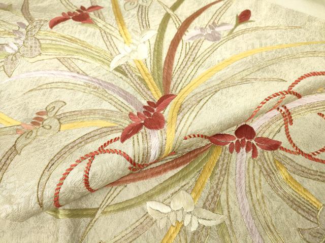 平和屋着物▼太鼓柄袋帯 駒刺繍 総刺繍 花束文 金糸 正絹 逸品 DABC3738az