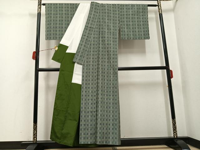 平和屋着物●花織　紬　格子　正絹　逸品　AABH3839ph