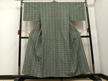 平和屋着物●花織　紬　格子　正絹　逸品　AABH3839ph