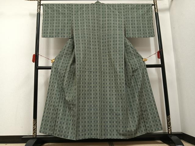 平和屋着物●花織　紬　格子　正絹　逸品　AABH3839ph