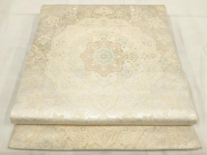 平和屋着物◎六通柄袋帯　吉祥花文　銀糸　正絹　逸品　AABH1357wj