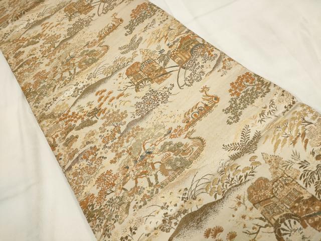 平和屋着物◎アンティーク 大正ロマン 丸帯 遠山風景文 金糸 正絹 逸品 AABH1402wj