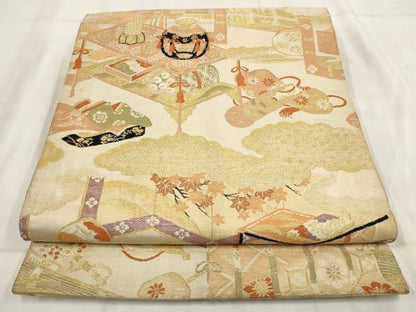 平和屋着物◎アンティーク　大正ロマン　丸帯　雲重ね風景文　金糸　正絹　逸品　AABH1404wj