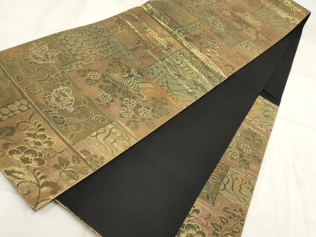 平和屋着物◎六通柄袋帯 ぶろんず 花鳥文 黒地 金糸 正絹 逸品 AABH1397wj