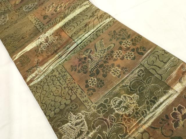 平和屋着物◎六通柄袋帯 ぶろんず 花鳥文 黒地 金糸 正絹 逸品 AABH1397wj