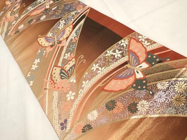 平和屋着物◎六通柄袋帯 花蝶文 金糸 正絹 逸品 AABH1407wj