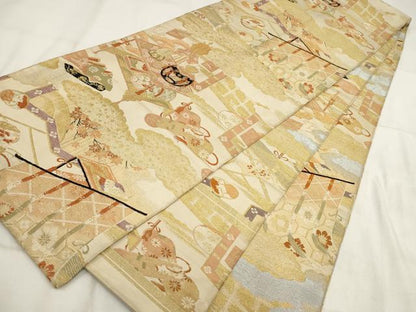 平和屋着物◎アンティーク　大正ロマン　丸帯　雲重ね風景文　金糸　正絹　逸品　AABH1404wj