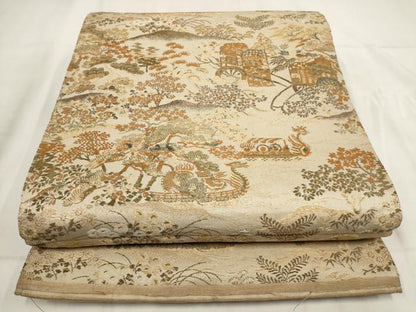 平和屋着物◎アンティーク 大正ロマン 丸帯 遠山風景文 金糸 正絹 逸品 AABH1402wj