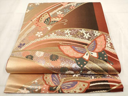 平和屋着物◎六通柄袋帯 花蝶文 金糸 正絹 逸品 AABH1407wj
