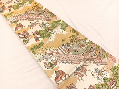 平和屋着物◎六通柄袋帯　唐織　乗馬風景文　金糸　正絹　逸品　BAAX0771hv