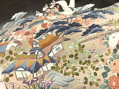 平和屋着物■豪華黒留袖　友禅　作家物　飛鶴風景文　暈し染め　正絹　逸品　BAAW7599hv